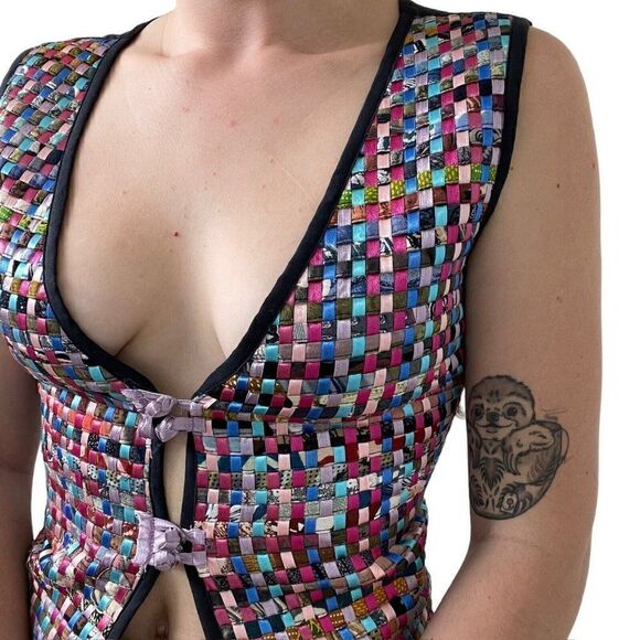 Vintage Womens Rainbow Lattice Checkered V Neck Waistcoat Vest Sz M Petite - Picture 5 of 10